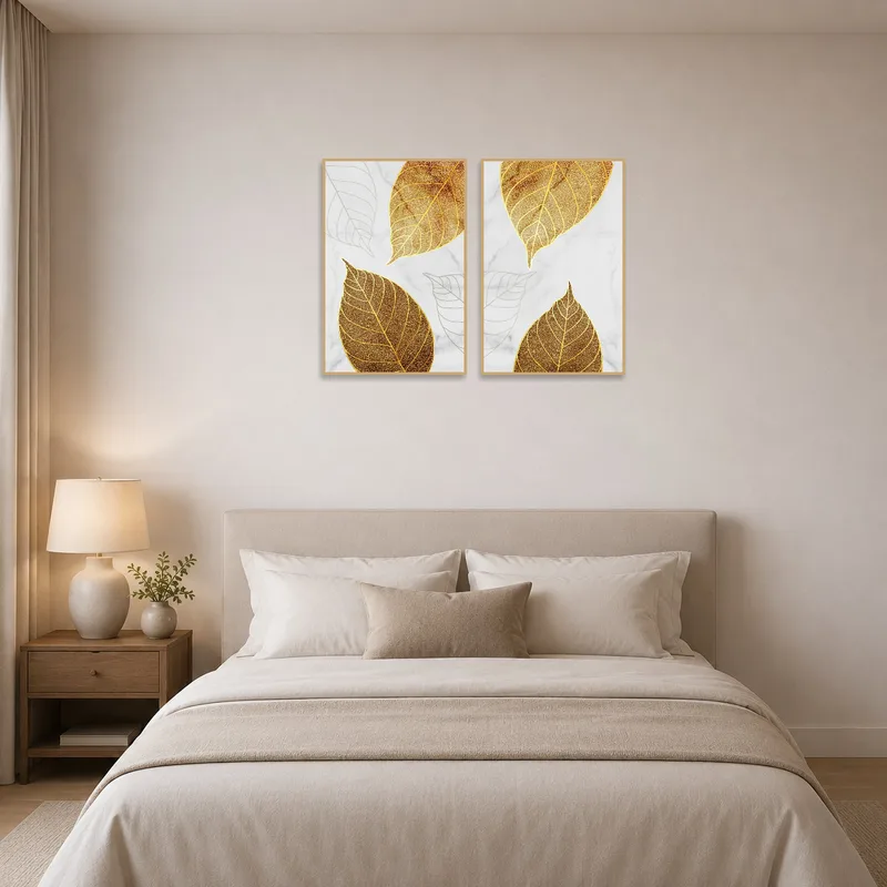 Stylish leaf design set complements a serene bedroom ambiance.