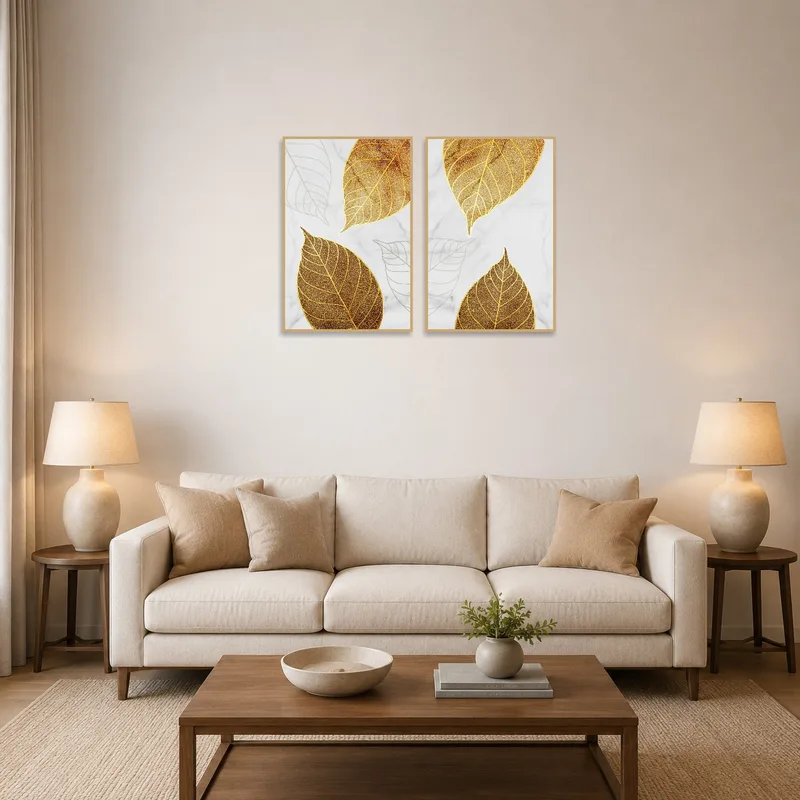 Elegant leaf design set on marble background in a cozy living room setting.