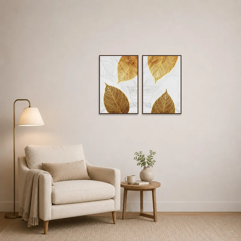 Marble background leaf set adds elegance to a reading corner with comfy seating.