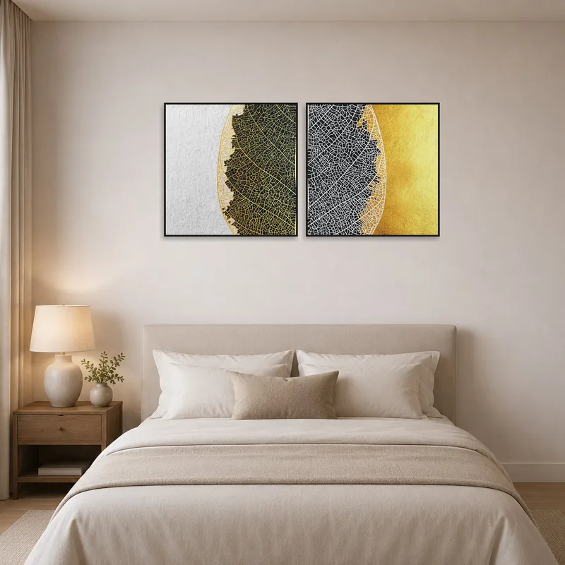 Elegant leaf vein textures create a calming atmosphere in the bedroom.