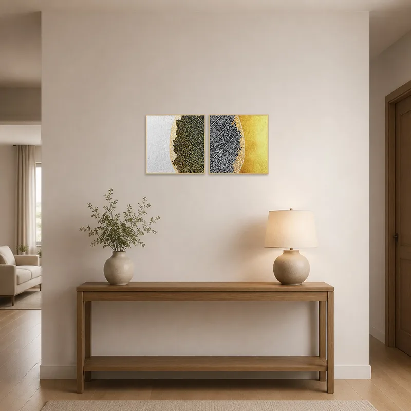 Art set with leaf vein textures welcomes guests in the entrance hall.