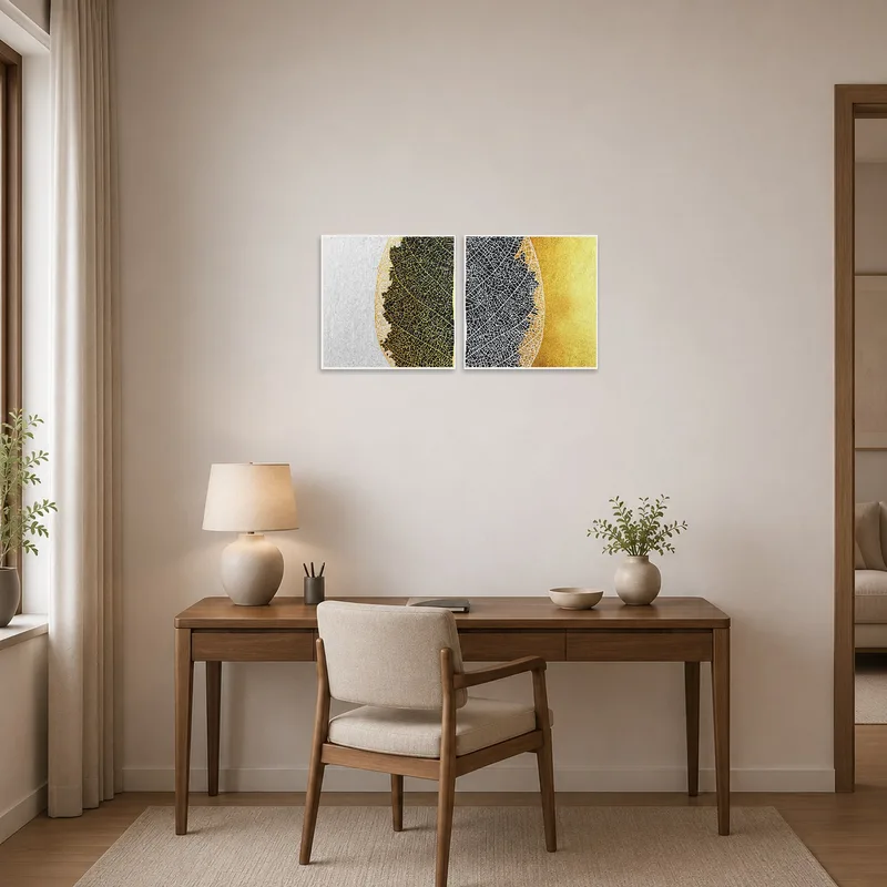 Leaf vein art set adds a natural touch to the organized home office.