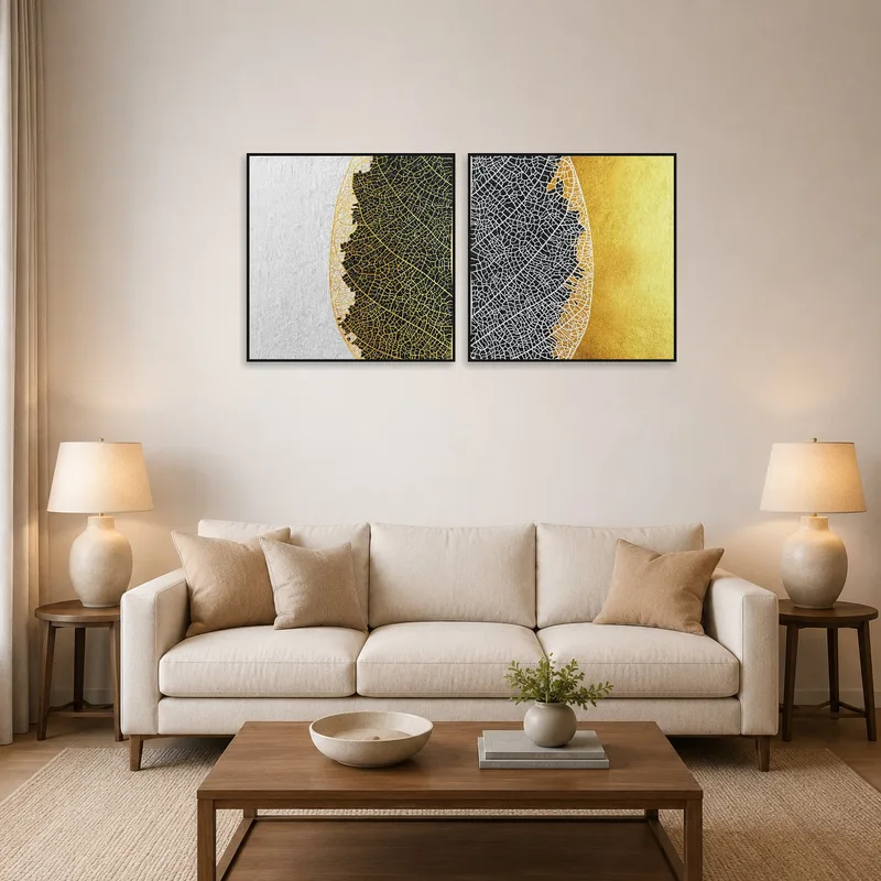 Elegant leaf vein art set displayed above a modern living room sofa.