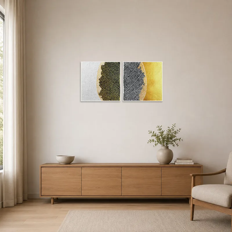 Leaf vein texture art set against a clean, minimalist wall.