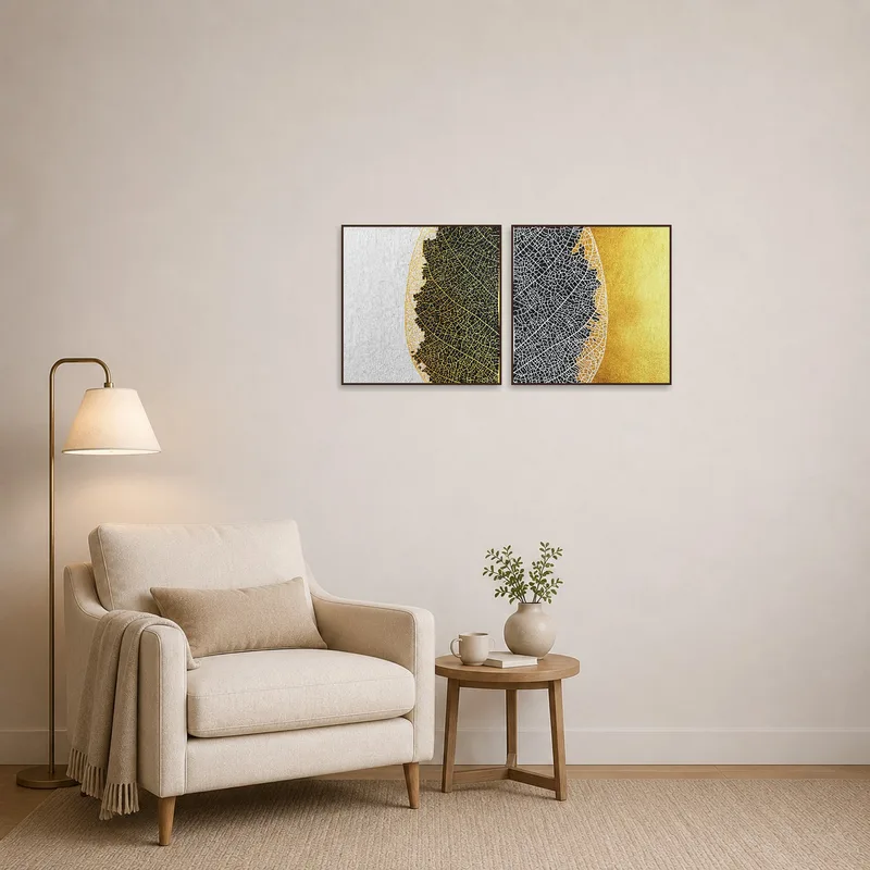 Leaf vein art pieces enhance the cozy reading corner ambiance.