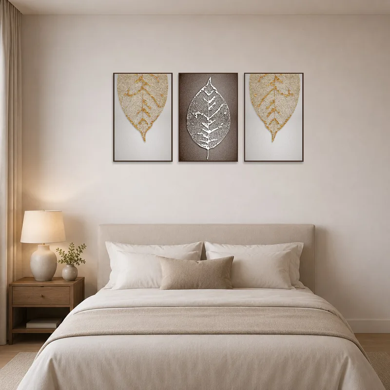 Bedroom setting with a set of three leaf vein prints, offering a calming atmosphere.
