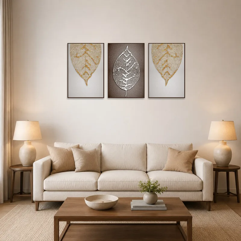 Three botanical leaf vein prints on a living room wall, adding a touch of nature.