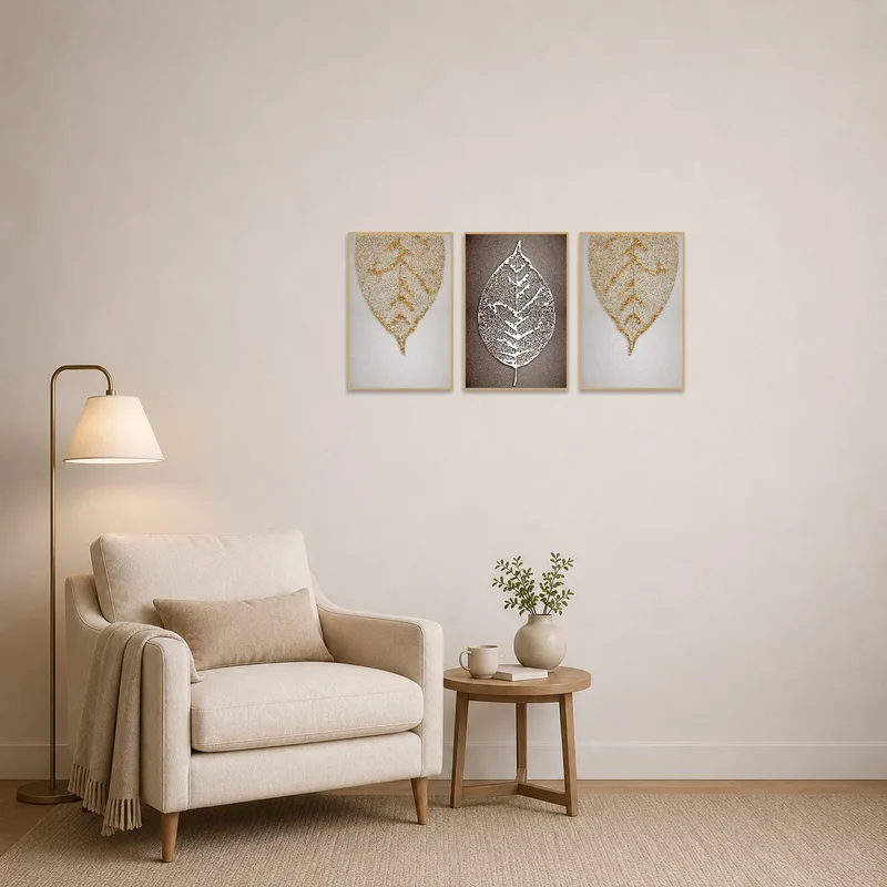 Reading corner with botanical prints of leaf veins, creating a serene study space.