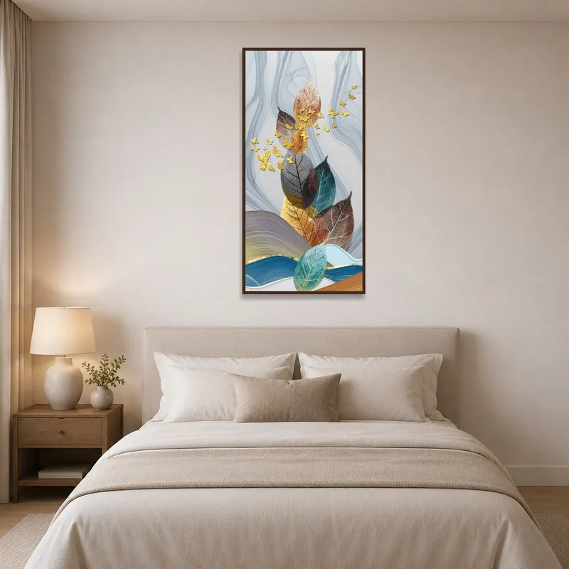 Leaf and butterfly art creating a calm atmosphere in the bedroom.