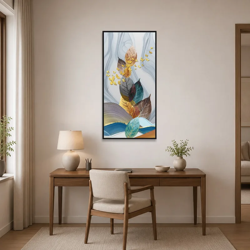 Inspire creativity in the home office with leaf and butterfly art.