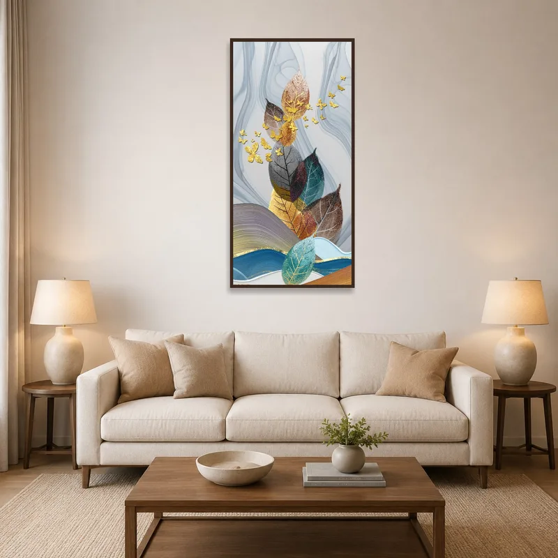 An elegant leaf and butterfly design on the wall of a cozy living room.