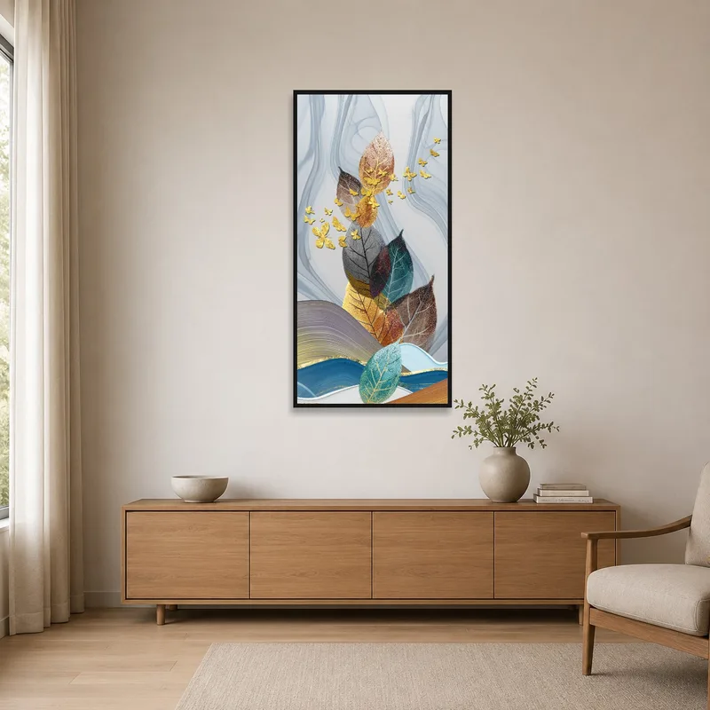 Simple leaf and butterfly artwork complementing a minimalist space.