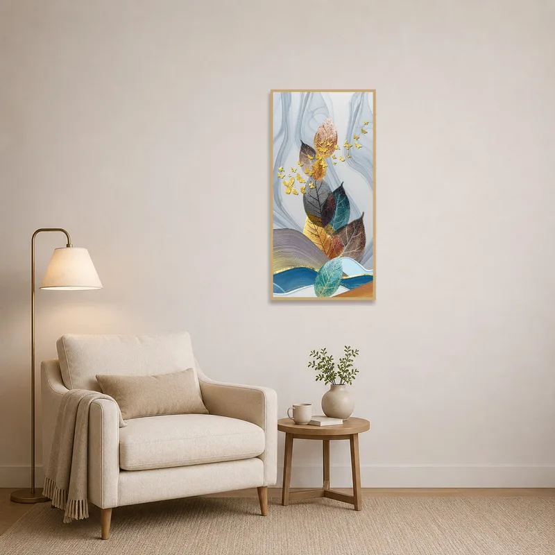 A tranquil reading corner featuring a leaf and butterfly artwork.