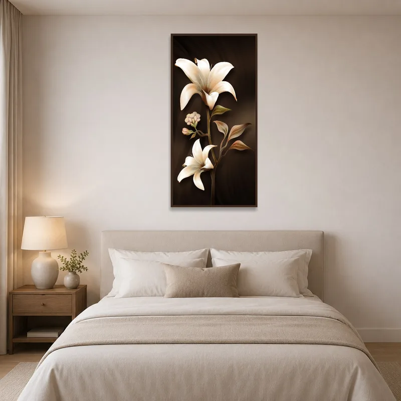 Bedroom accentuated by floral lily art on a dark background.
