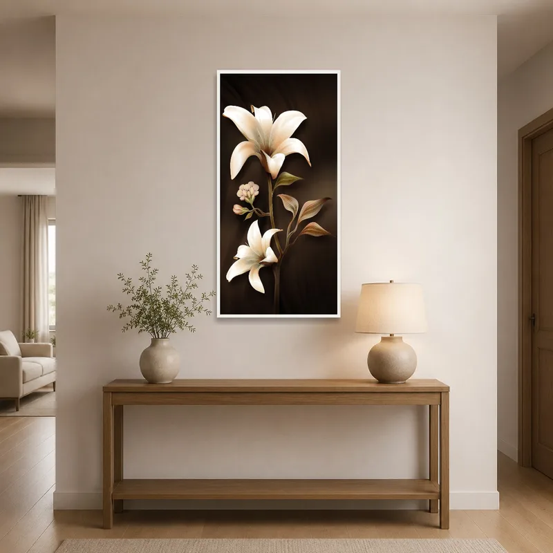 Lily artwork adds elegance to an entrance hall with a dark theme.