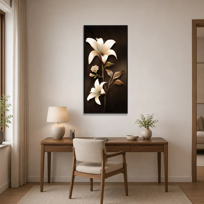 Home office enhanced by elegant lily artwork with a dark aura.