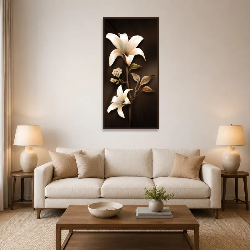 Lily floral artwork on dark background in a stylish living room.