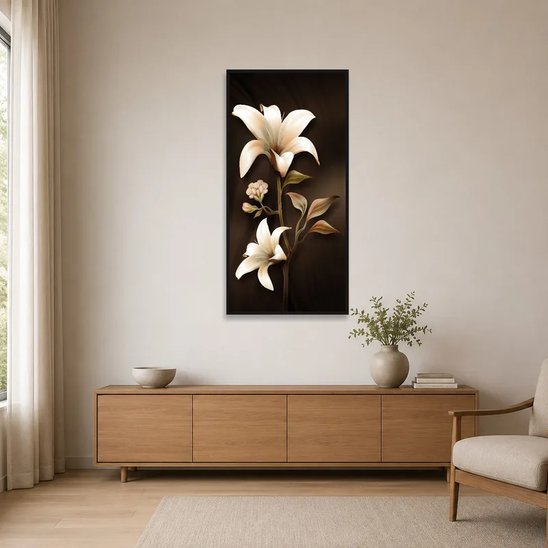 Minimalist space with lily art contrasting on a dark backdrop.