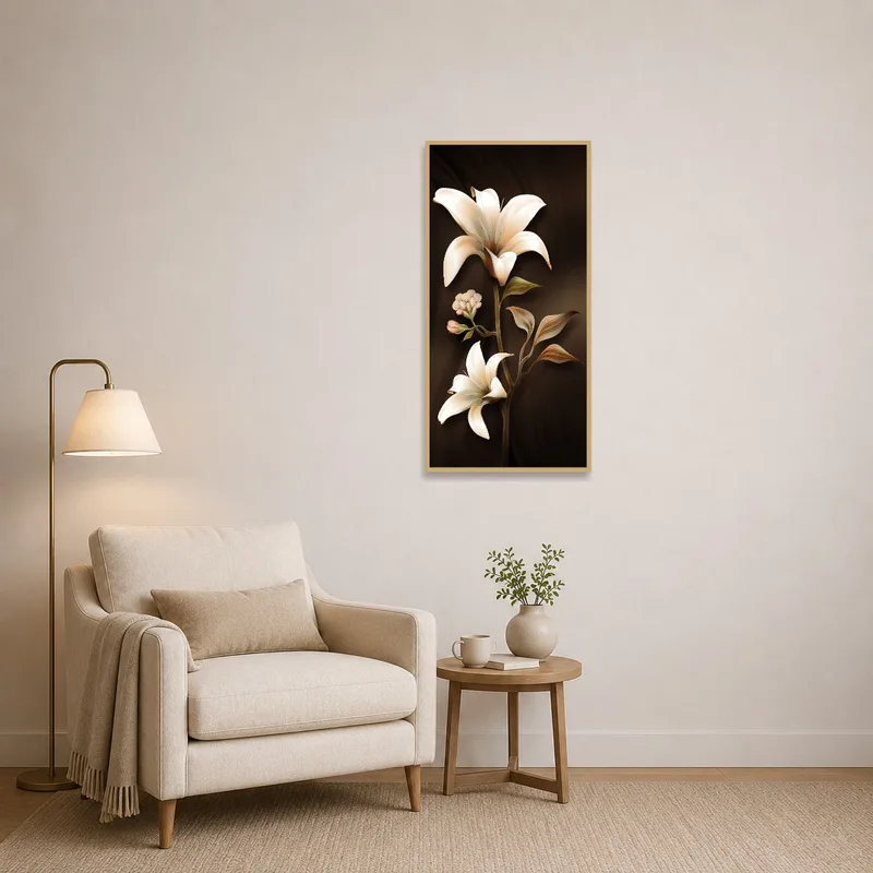 Reading corner featuring floral lily art with a moody background.