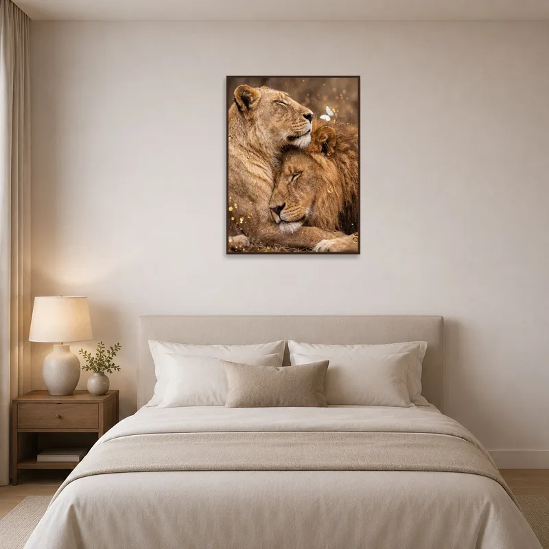A bedroom scene with a soothing image of a lion pair with a butterfly.
