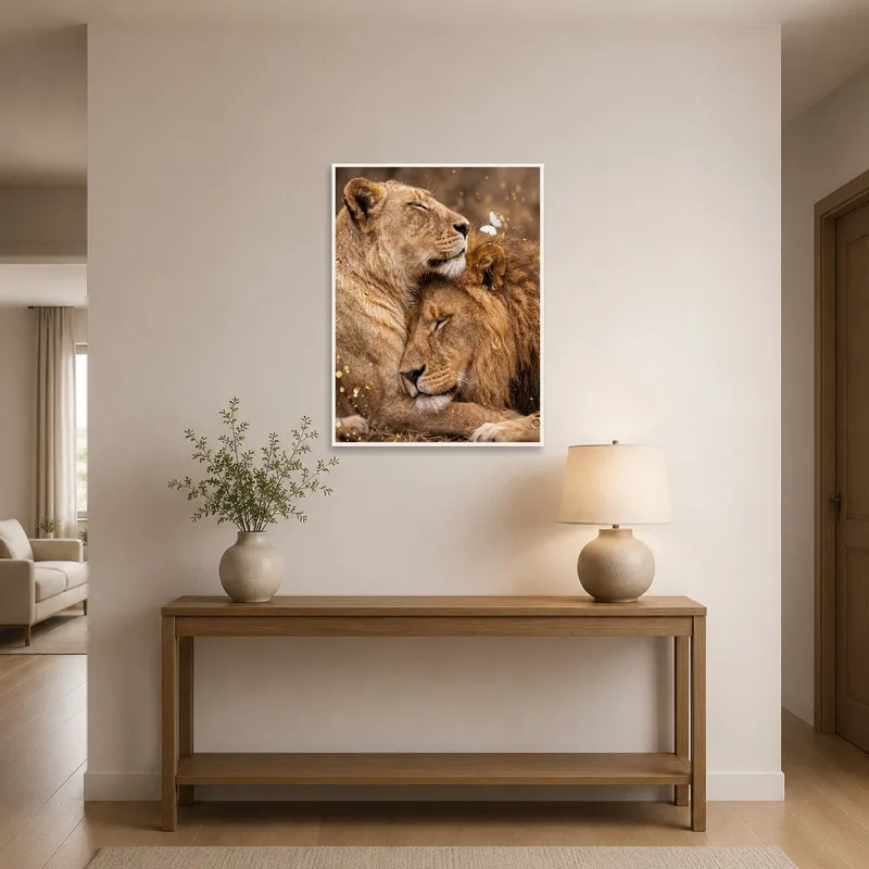 An entrance hall displaying an elegant lion pair with a butterfly, welcoming guests.