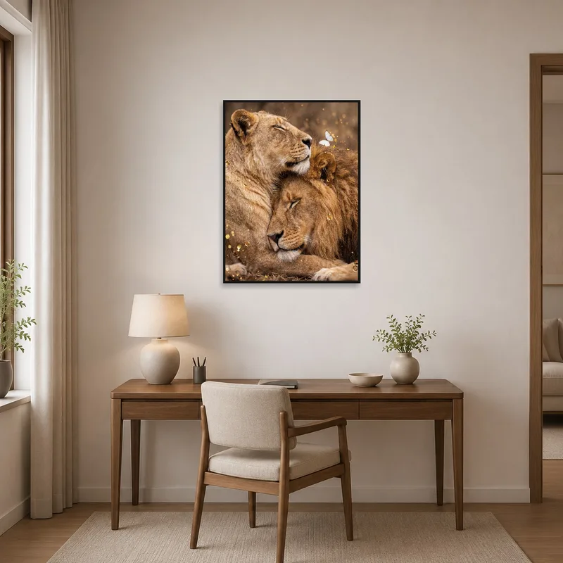 A home office accented by a lion pair with a butterfly, for creative flair.
