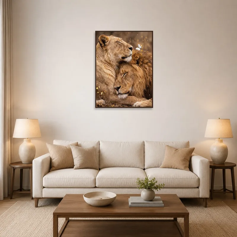 A living room featuring a lion pair with a butterfly, adding a regal touch.