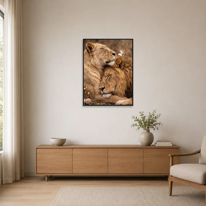 A minimalist room showcasing a lion pair with a butterfly for a bold impact.