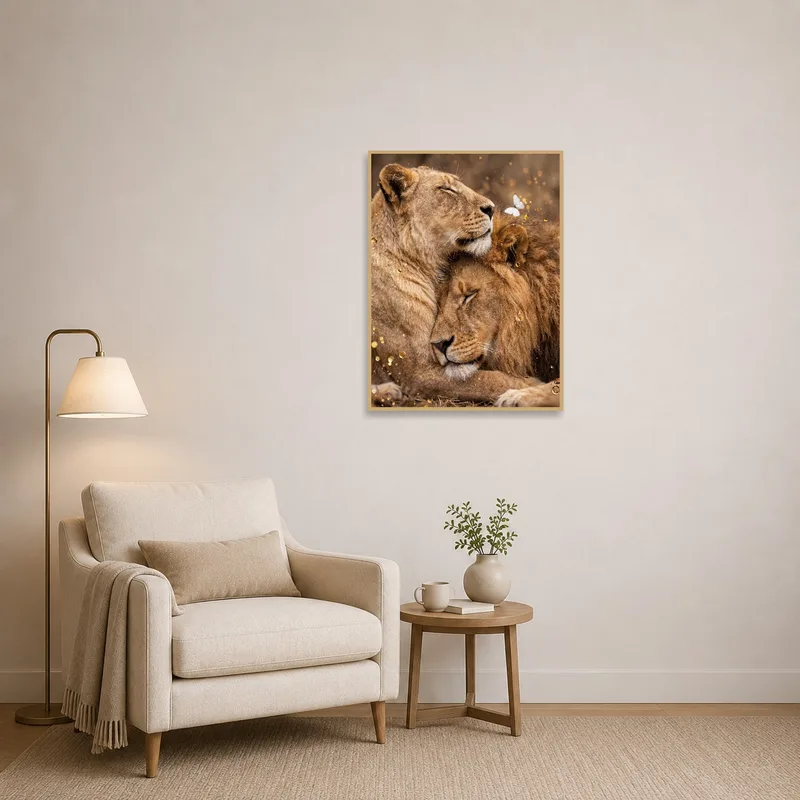 A reading corner adorned with a lion pair and butterfly, inspiring tranquility.