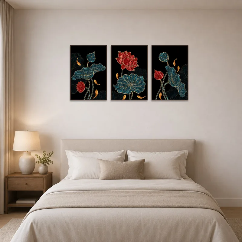 Elegant lotus and koi triptych complementing the tranquility of a bedroom.