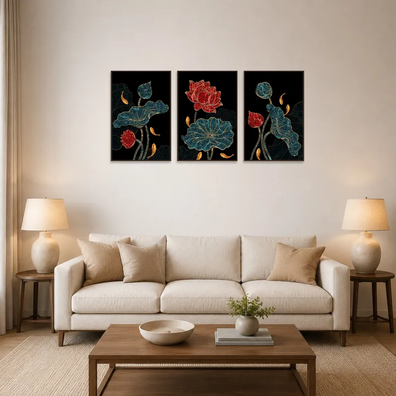 A triptych art set of lotus and koi displayed above a modern living room sofa.
