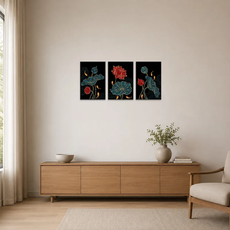 Sleek triptych of lotus and koi providing a serene touch to a minimalist room.