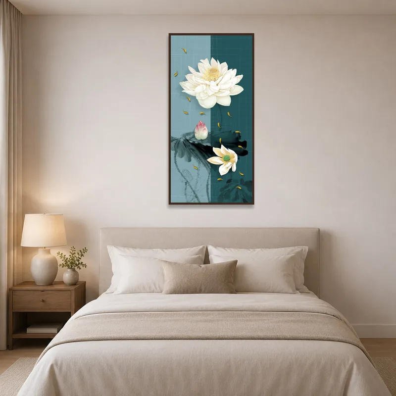 Elegant lotus blossom artwork above a bed in a bedroom.