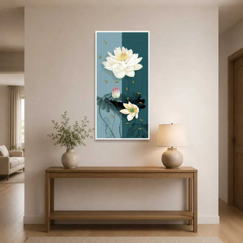Vertical lotus blossom art displayed in an entrance hall.