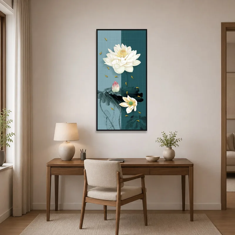 Vertical lotus blossom art on a wall in a home office.