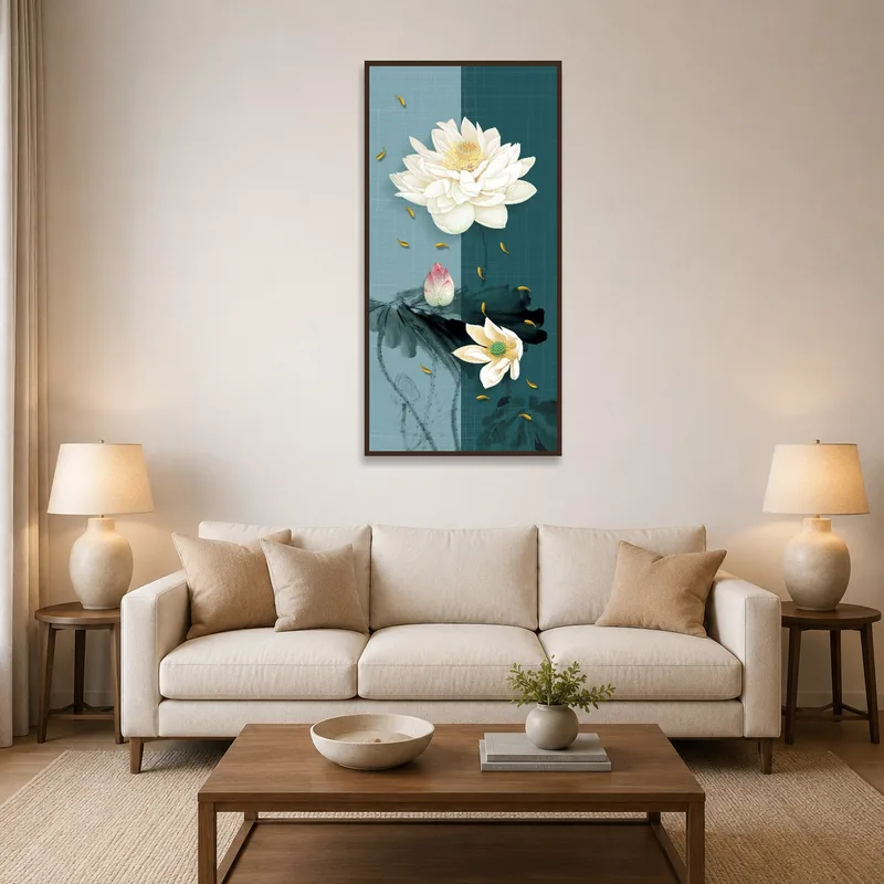 Vertical artwork of elegant lotus blossom in a living room setting.