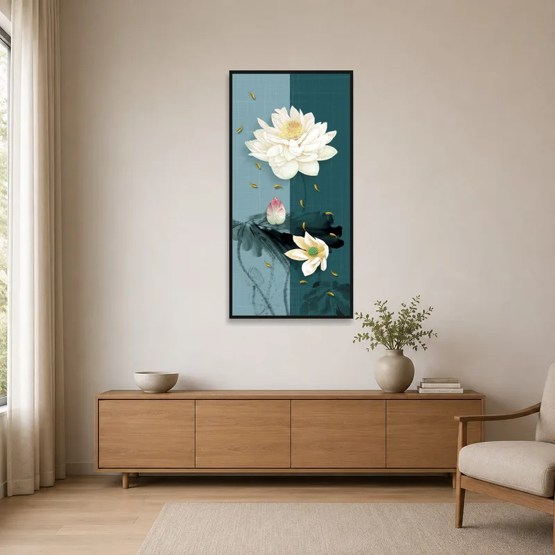 Elegant lotus blossom artwork in a minimalist styled space.