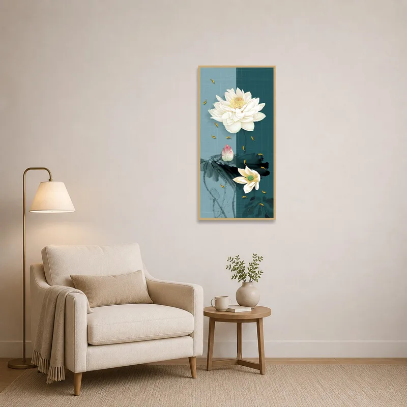 Lotus blossom artwork in a cozy reading corner.