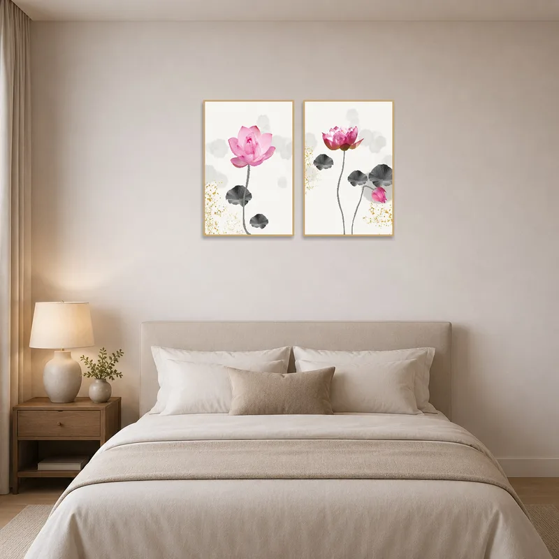 Gold-accented lotus art set provides a tranquil vibe in a calming bedroom.