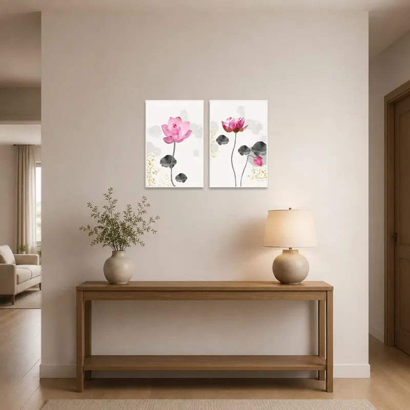 Lotus flower art set enhances the welcoming feel in an entrance hall.