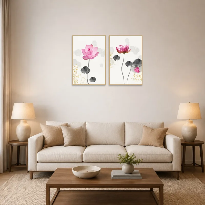 Lotus flower art set with gold accents above a modern sofa in a cozy living room.