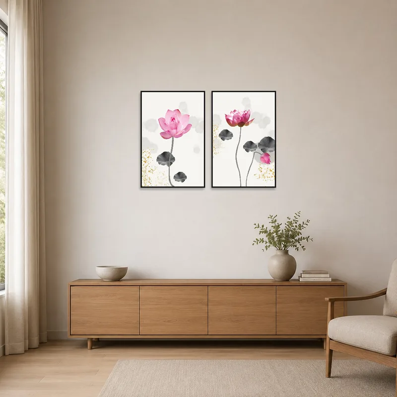 Simple space with a focus on lotus flower art set with gold accents.
