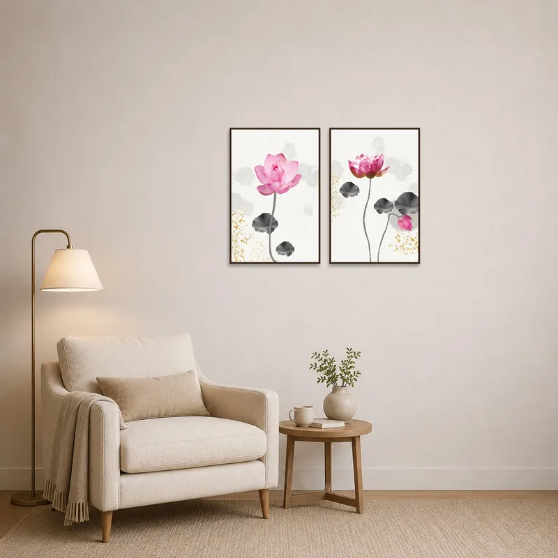 Elegant lotus flower art set adorned on the walls of a serene reading corner.