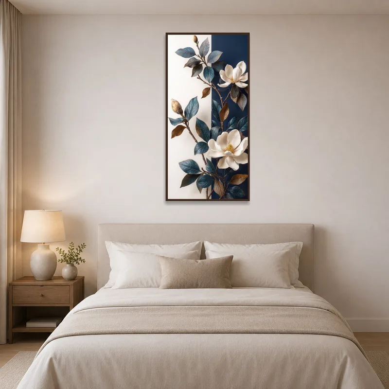Blossoming magnolia art with blue leaves enhances a serene bedroom ambiance.