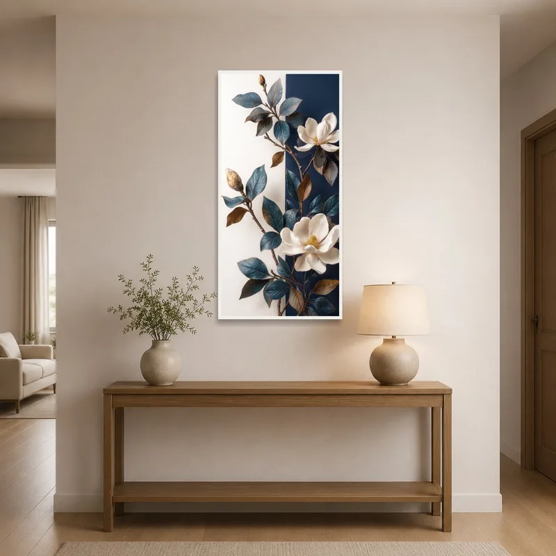 Blue leaf magnolia artwork welcoming guests in a stylish entrance hall.