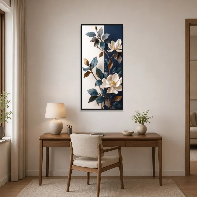 Magnolia blossom art elevating a productive home office environment.