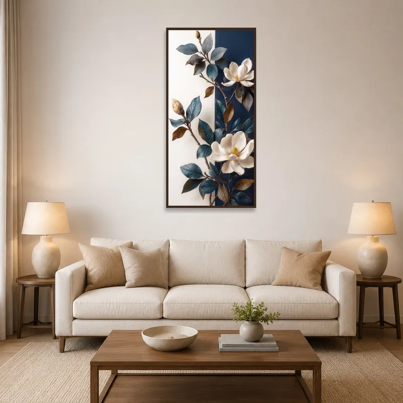 Magnolia blossom artwork with blue leaves above a modern sofa in a living room.