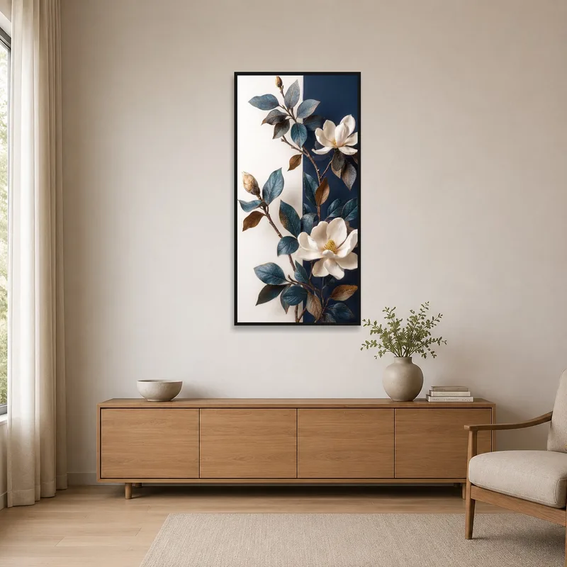 Elegant magnolia art with blue leaves on a plain white wall in a minimalist setting.