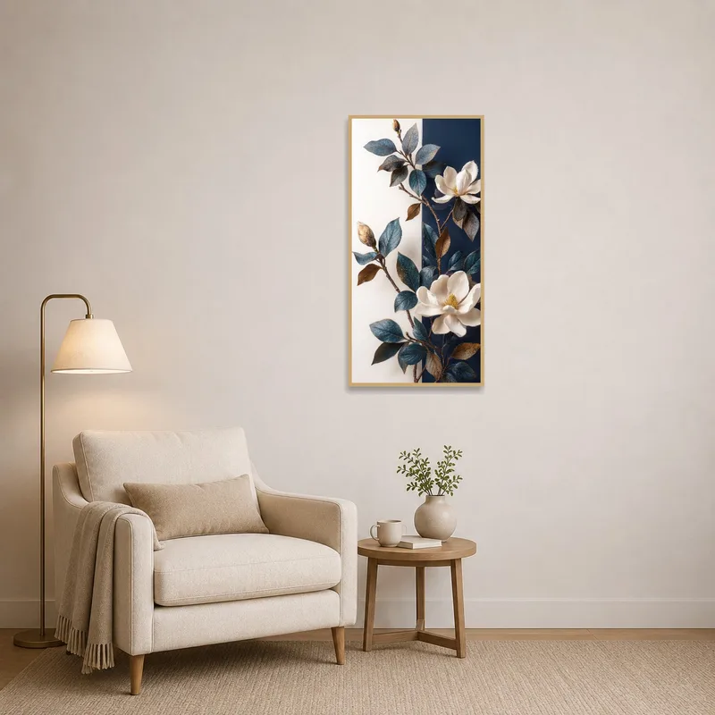 Magnolia blossom art adds charm next to a cozy chair in a reading corner.