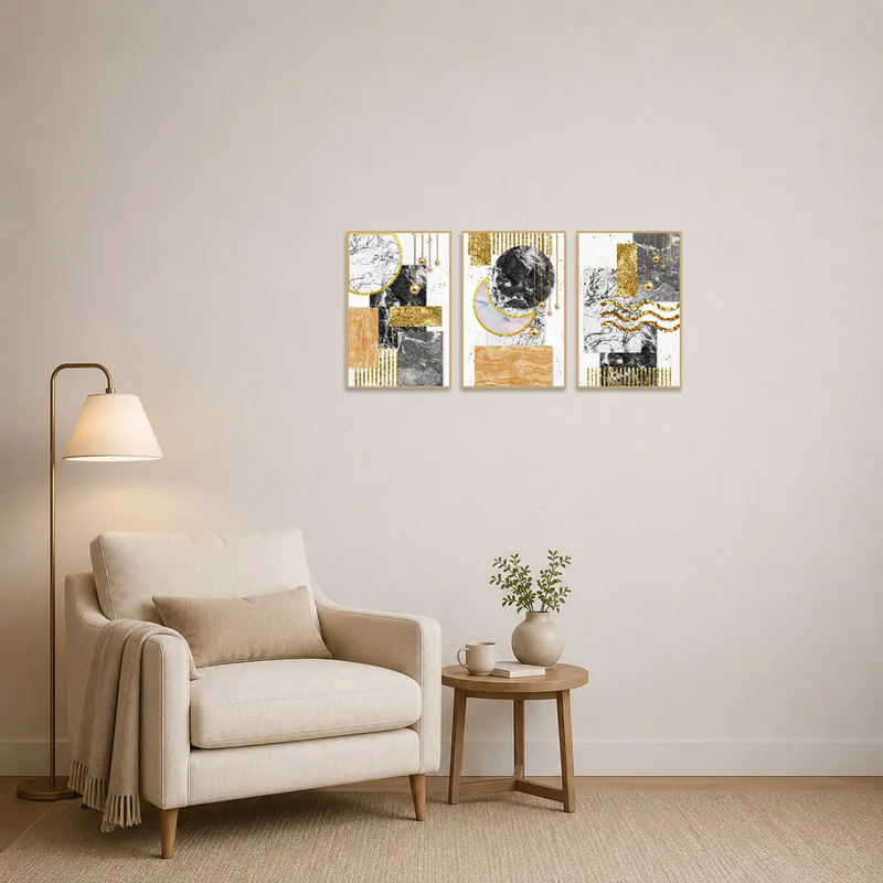 Sophisticated artwork enhances a cozy reading corner atmosphere.